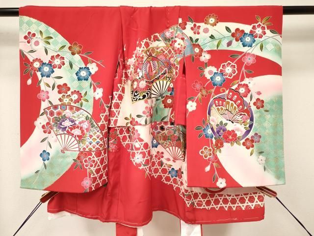 平和屋着物 お宮参り 女の子 祝着 産着 初着 のしめ 鈴 扇面鳳凰花蝶文 暈し染め 金銀彩 ma