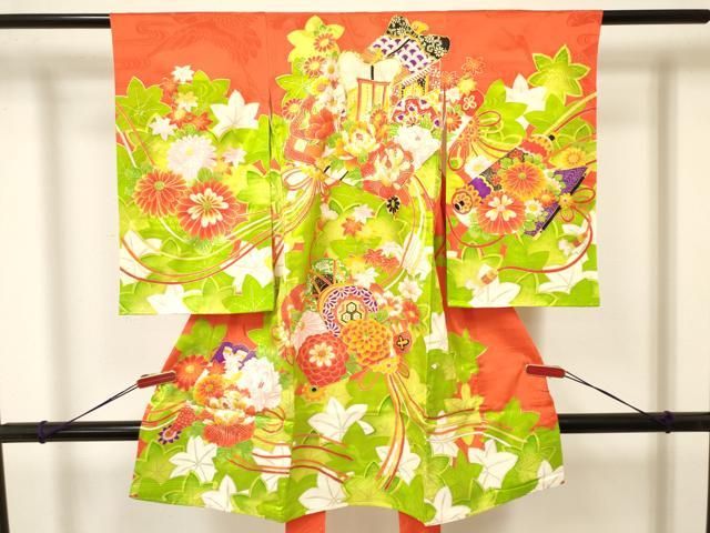 平和屋着物 お宮参り 女の子 祝着 産着 初着 のしめ 駒刺繍 檜扇御所車鼓花文 金彩 ma