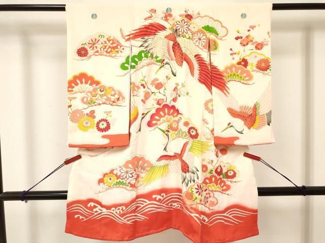 平和屋着物 アンティーク 大正ロマン お宮参り 女の子 祝着 産着 初着 のしめ 駒刺繍 飛鶴松取り花文 暈し染め 金彩 ma