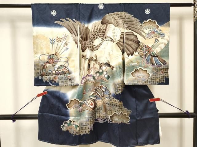 平和屋着物 お宮参り 男の子 祝着 産着 初着 のしめ 駒刺繍 鷹 鷲 打ち出の小槌 笹松文 暈し染め 金彩 ma