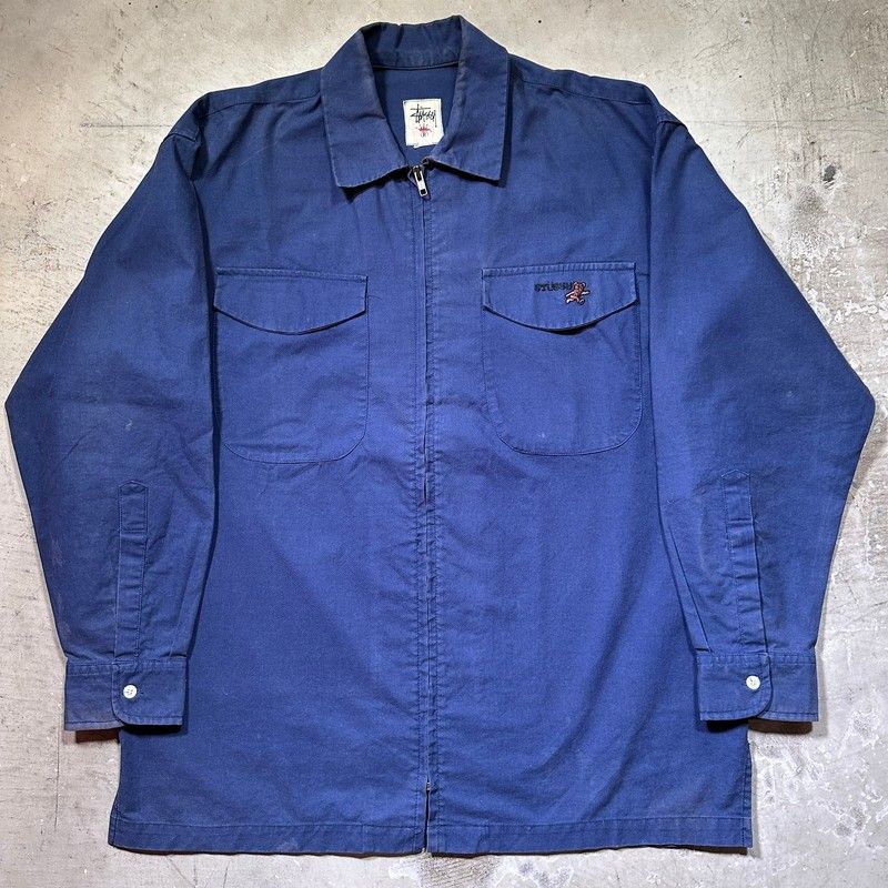 90 s Stussy BEAR 刺繍 ジップアップワークシャツ 白タグ 王冠タグ ストリート L