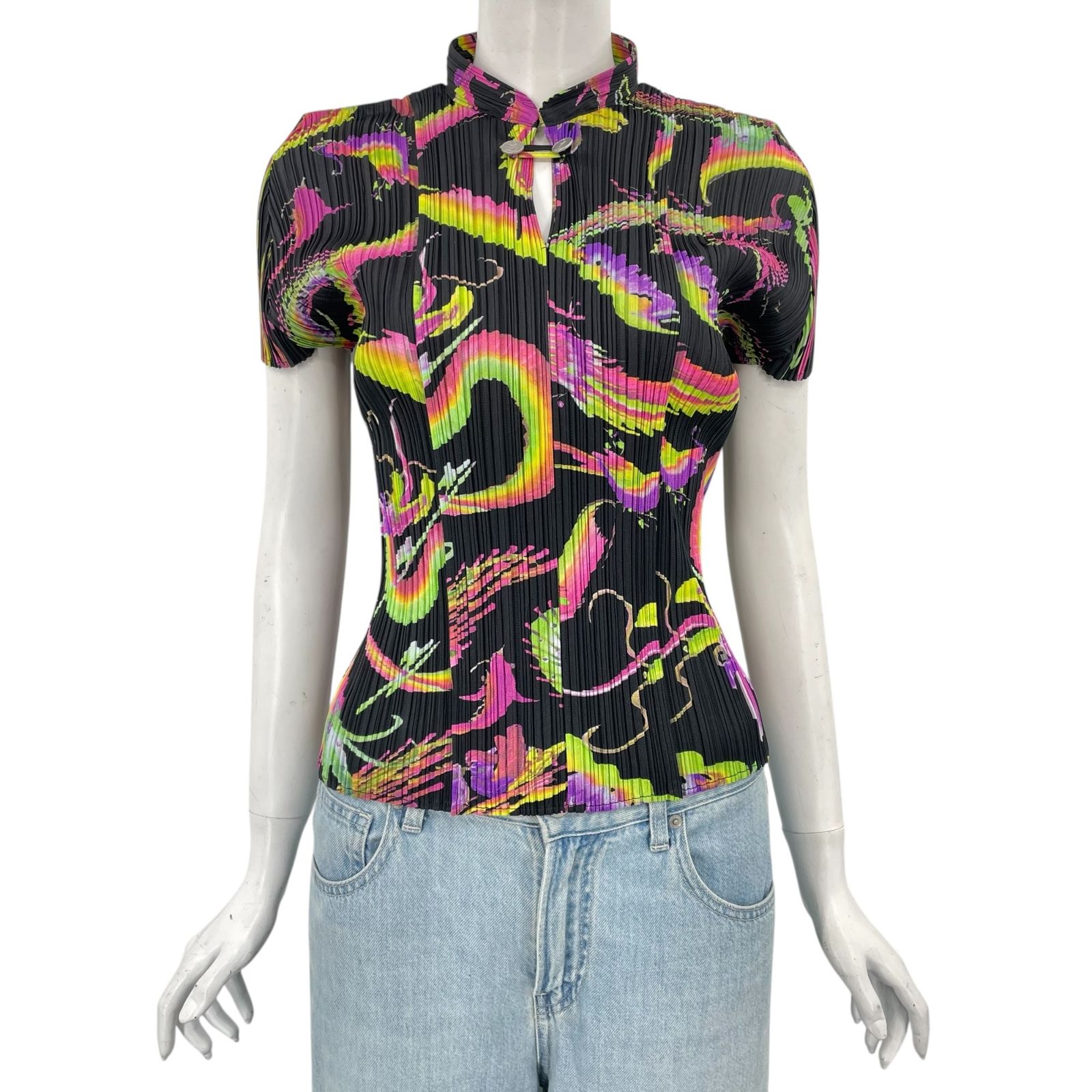 ISSEY MIYAKE イッセイミヤケ PLEATS PLEASE プリーツプリーズ トップス 中国龍 鳳凰 総柄 チャイナボタン マルチカラー サイズ3