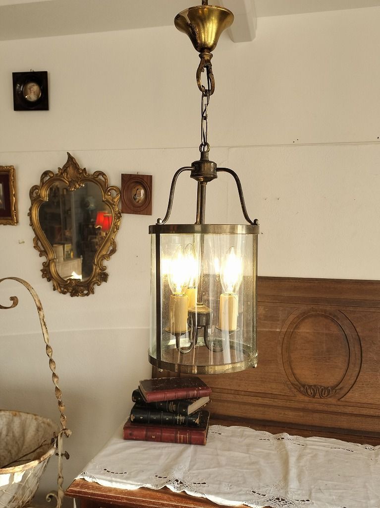 フランス アンティーク ガラス ランタン 3灯 シャンデリア 照明 ペンダントライト