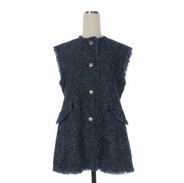 セオリーリュクス theory luxe ALANI OPHELIA TWEED ツイードベスト ジレ フリンジ 38 ネイビー 紺 41 5102105 899 038