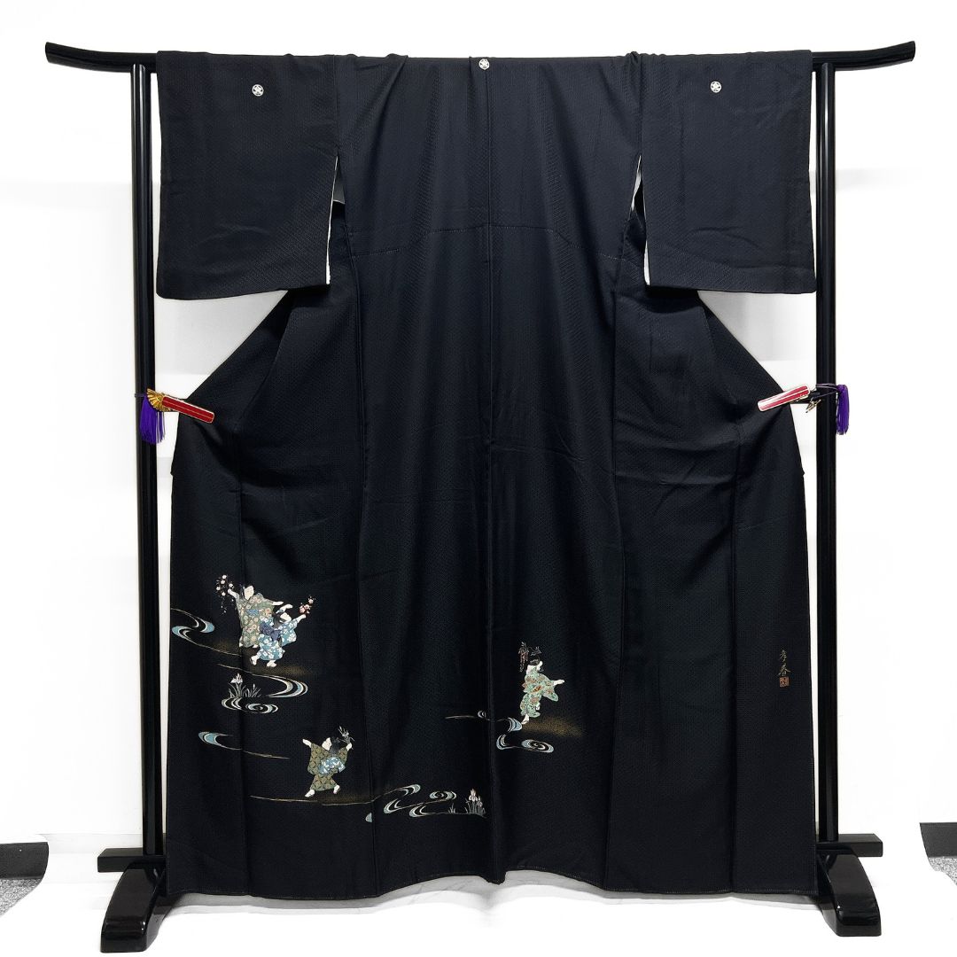 黒留袖 作家もの 童模様 菱地紋 五つ紋 比翼付き 着物 012b d ms