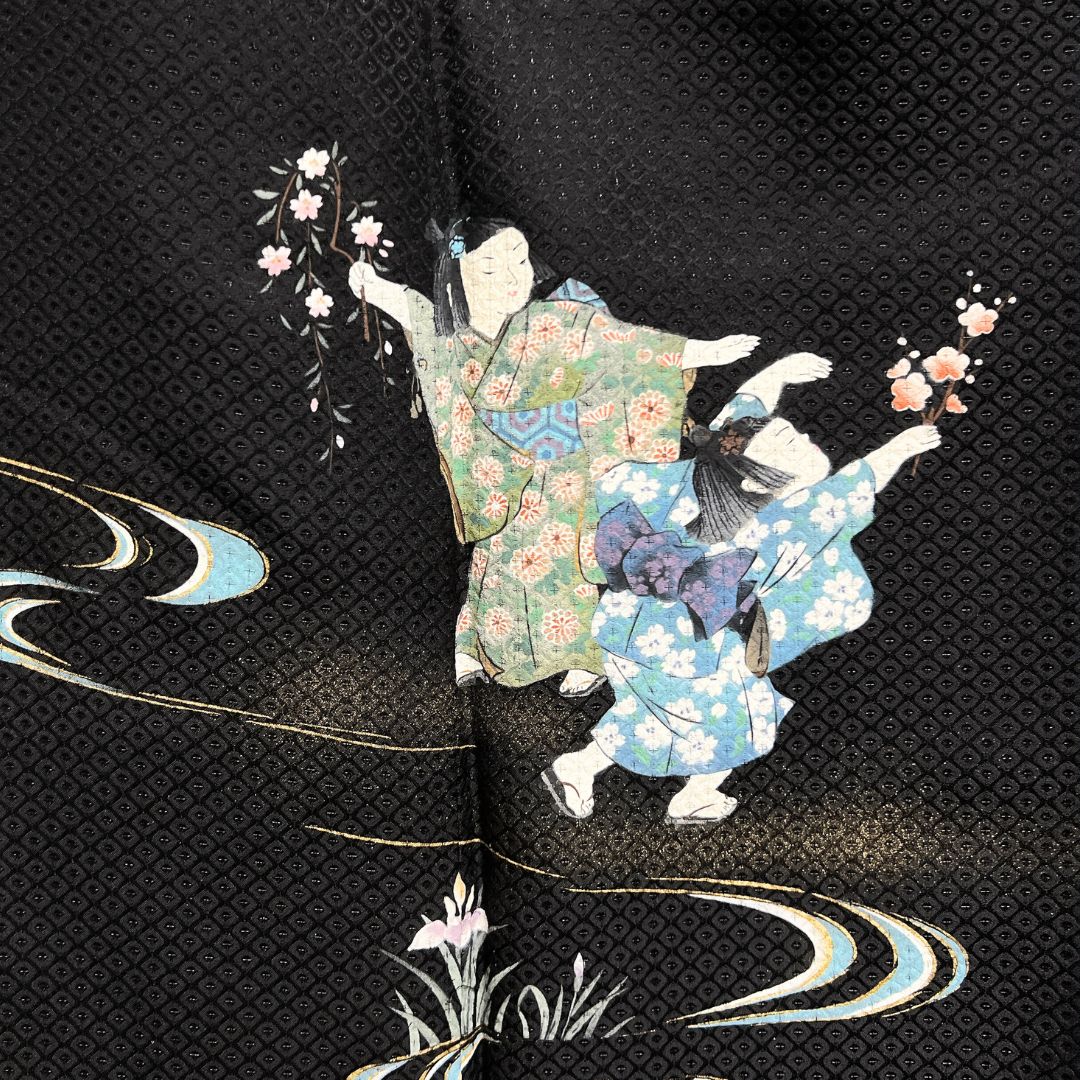 黒留袖　作家もの　童模様　菱地紋　五つ紋　比翼付き　着物　012b d ms 黒留袖 作家もの 童模様 菱地紋 五つ紋 比翼付き 着物 012b d ms