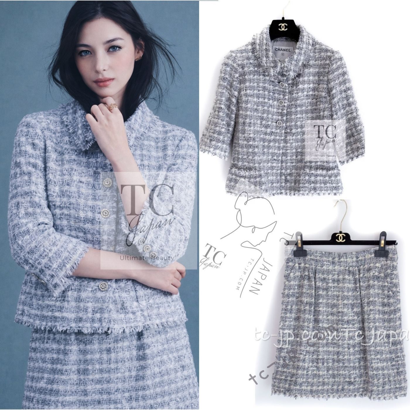 シャネル ジャケット スーツ CHANEL グレー ふんわり カメリア付 ウール ツイード スカート カール ラガーフェルド 超 36