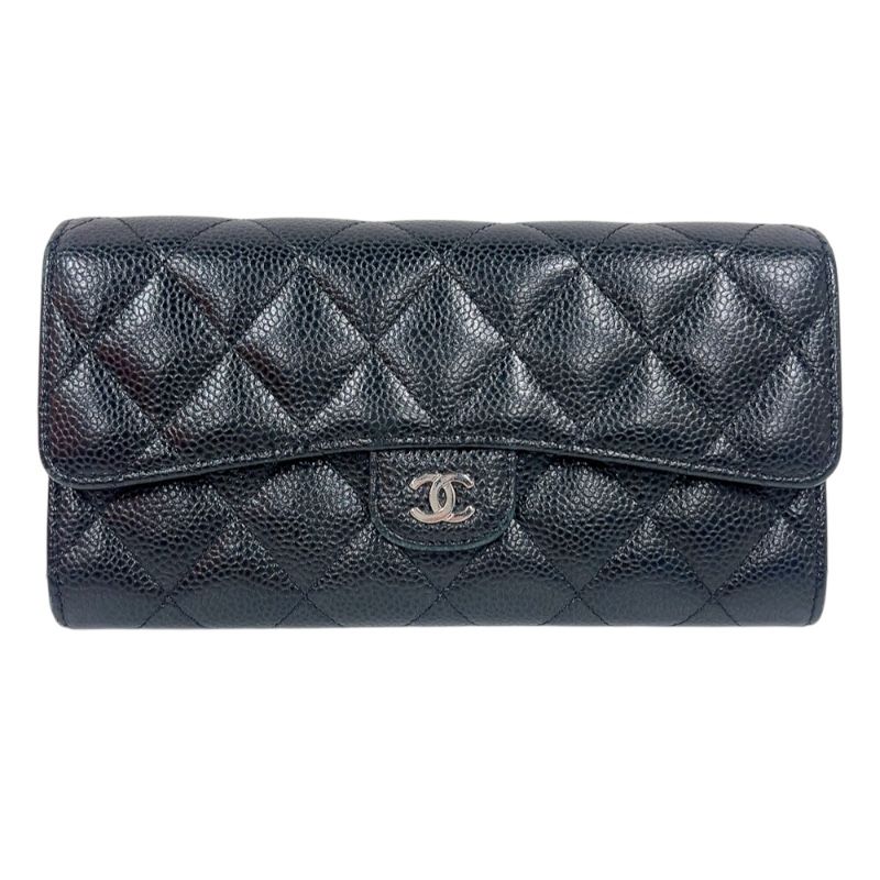 シャネル CHANEL クラシックロングフラップウォレット AP 0241 ブラック シルバー金具 キャビアスキン レディース 長財布
