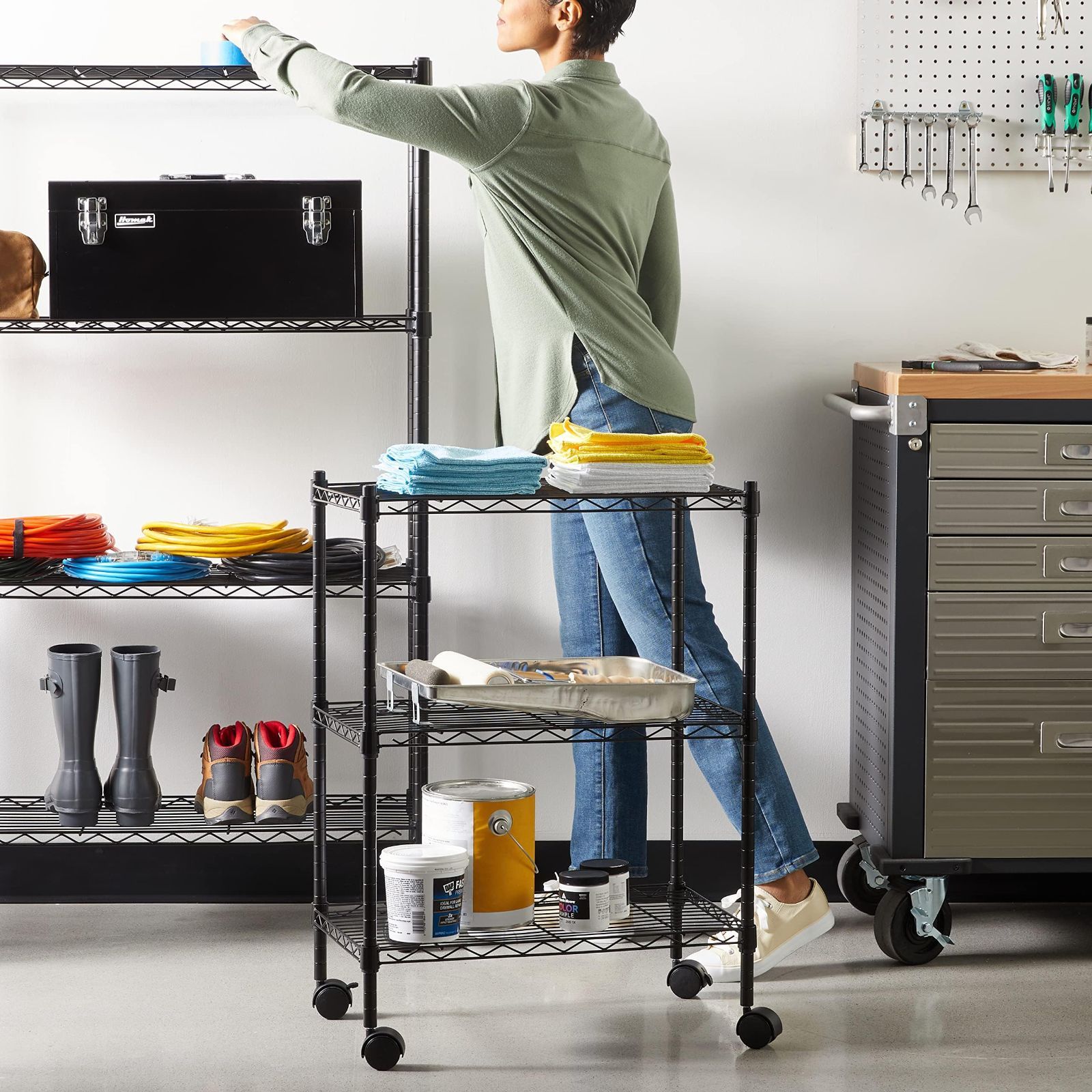 メタルラック 3段（横幅（cm）40 【在庫処分】ベーシック 3段スチールラック 棚 メタルラック キッチンラック キャスター付き 耐荷重68kg 幅58.9×奥行34×高さ83cm ブラック ～ 49.9）の通販