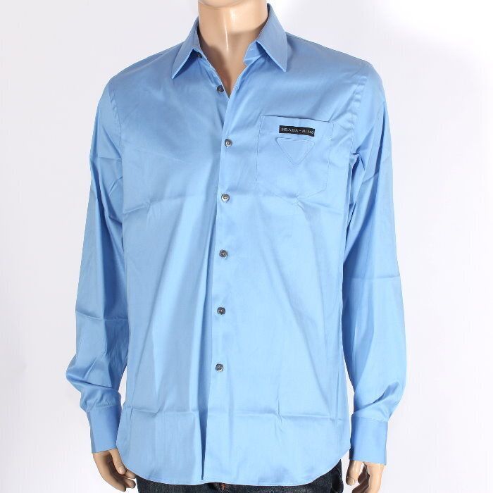 PRADA プラダ ストレッチ 長袖シャツ DNA 897 F 62 0 AL 7 ブルー トライアングルパッチ ロゴラベル カミーチェ ブラウス トップス メンズ レディース ユニセックス