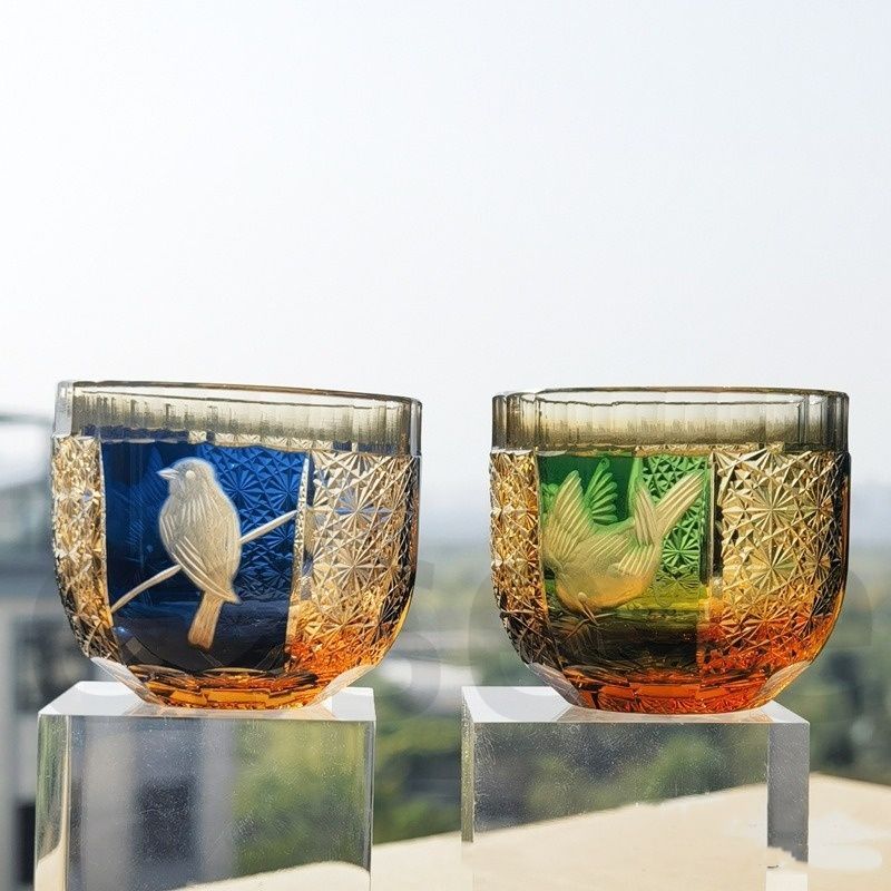 江戸切子青色クリスタル酒器 木箱付き 新品 江戸切子 ルリ 冷酒セット 徳利1個 ぐい呑み2個 ( 田島硝子 木箱名入れ