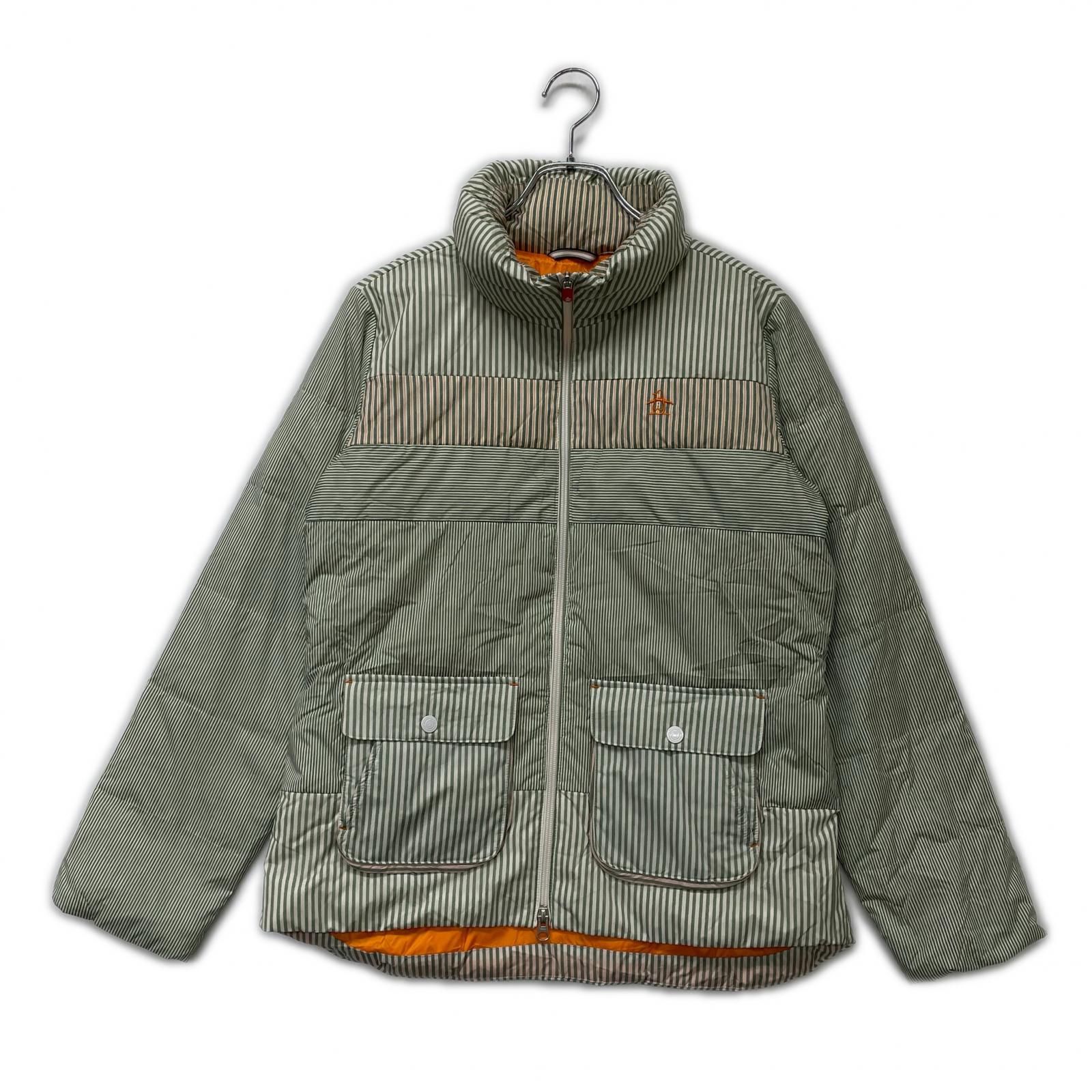 レディース マンシングウェア Munsing wear ダウンジャケット LL グリーン系 刺しゅうロゴ ストライプ総柄 ダブルジップ