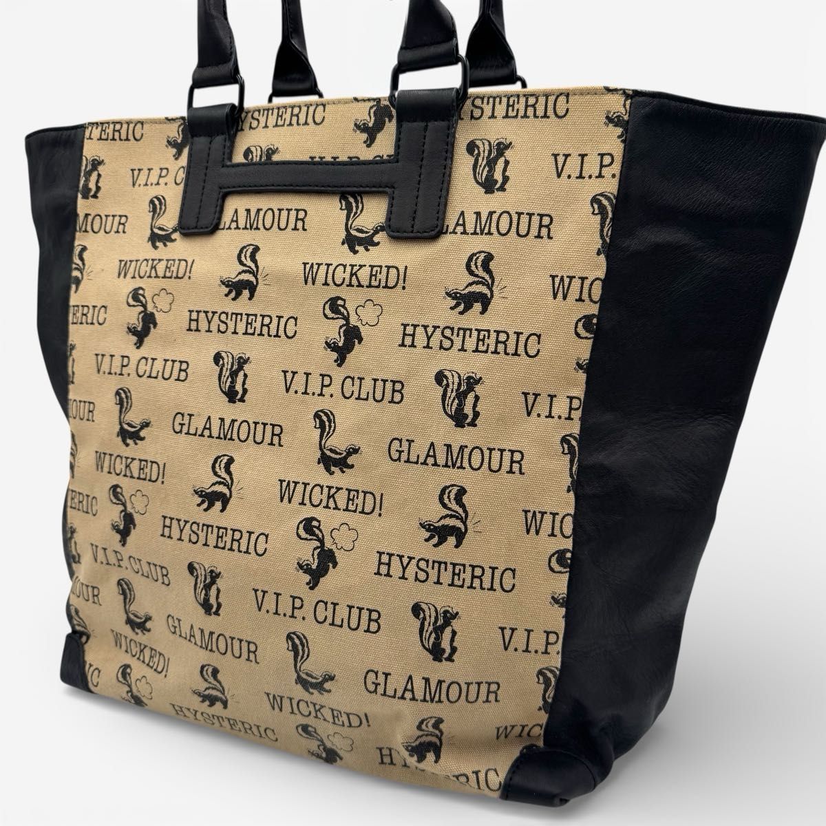 ヒステリックグラマー × SKUNK CLUB 総柄 トートバッグ キャンバス レザー ベージュ ブラック 大容量 A 4
