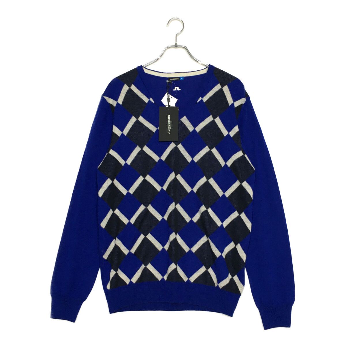 ♥品 メンズ ジェイリンドバーグ J LINDEBERG セーター XL 青系 ブルー 長袖 Vネック ダイヤ柄