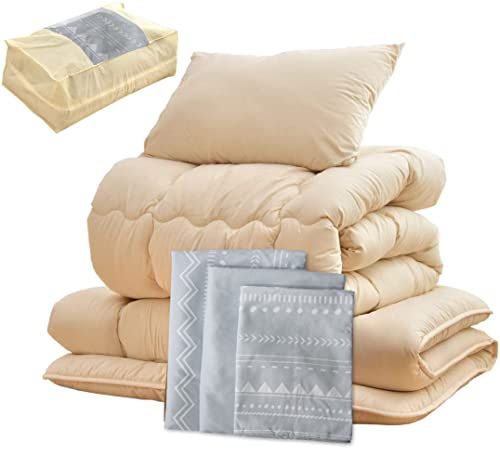 タンスのゲン 布団セット シングル 7点セット 高密度固綿 三層敷布団 カバー付き 抗菌 防臭 防カビ 洗える 収納ケース付き ホコリが出にくい 掛布団 敷布団 枕 76211 m