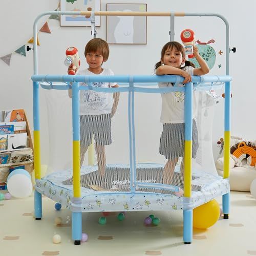 LEJUMP トランポリン 直径140 cm 55 inch 子供用 一台三役 鉄棒 吊り輪付き 外す 360°手すり 静音設計 超大スペース 室内用 安定 丈夫 飛び出し防止安全保護ネット付き 滑り止め設計 遊園地気分運動不足解消 プレゼント 子供のB m