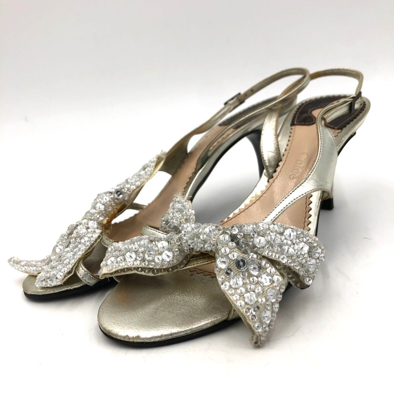 Chloe クロエ ビジュー リボン サンダル パンプス ゴールド 35.5 22.5