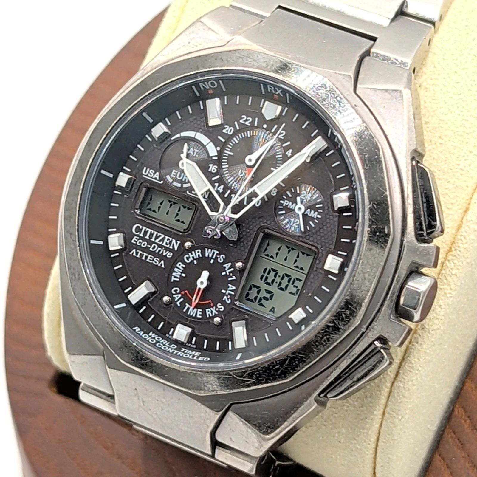 CITIZEN ATV 53-2833 ATTESA Watch Solar Men s Round Black dial Digital Working シチズン アテッサ 時計 ソーラー ラウンド 黒文字盤 メンズ アナログ デジタル アナデジ 稼働品