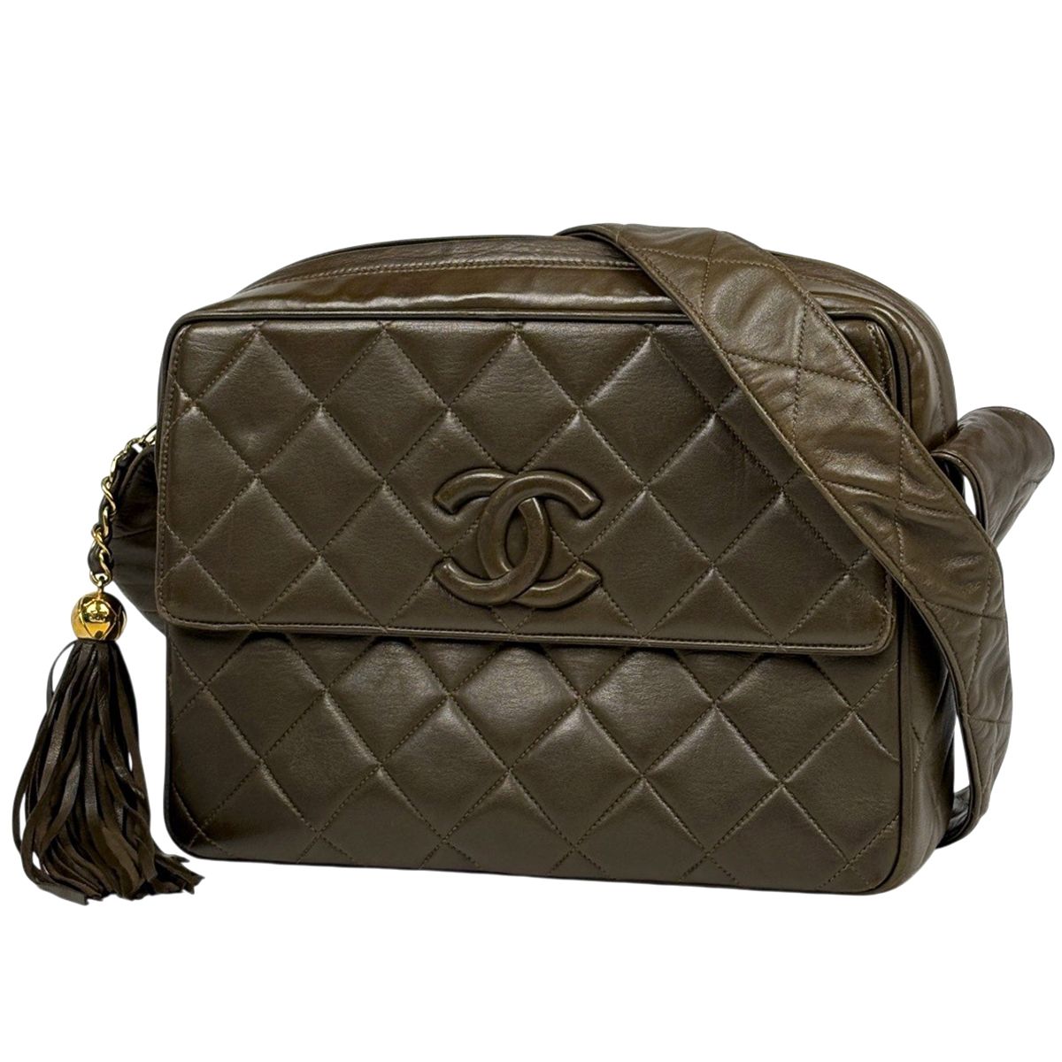 シャネル CHANEL ココマーク フリンジ ショルダーバッグ タッセル マトラッセ カーキ レザー グリーンベージュ レディース