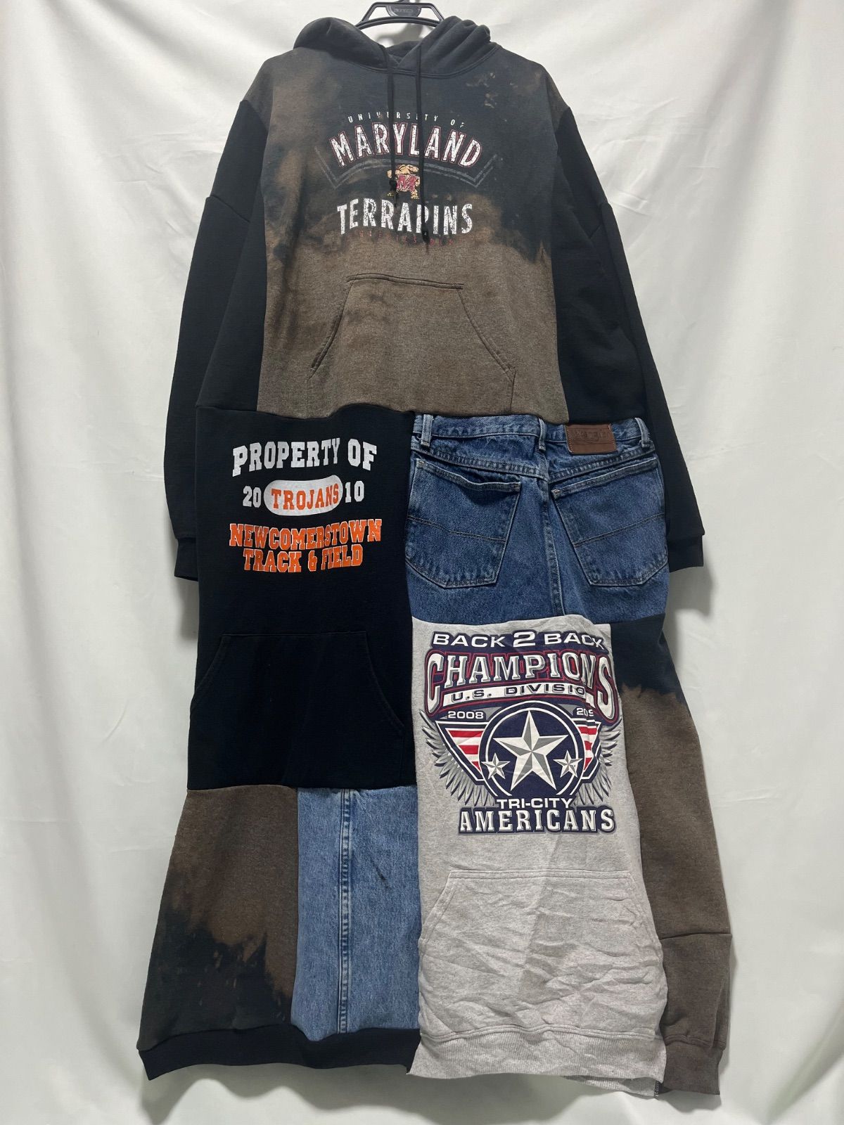 ﾘﾒｲｸ古着 remakeーﾄﾞｯｷﾝｸﾞﾜﾝﾋﾟｰｽ 裏起毛 ロングワンピース ビックワンピース デニム グレー 黒