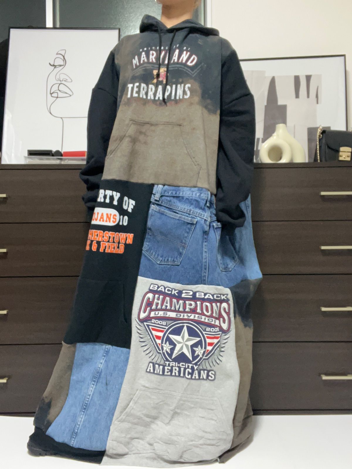 ﾘﾒｲｸ古着 remakeーﾄﾞｯｷﾝｸﾞﾜﾝﾋﾟｰｽ 裏起毛 ロングワンピース ビックワンピース デニム グレー 黒