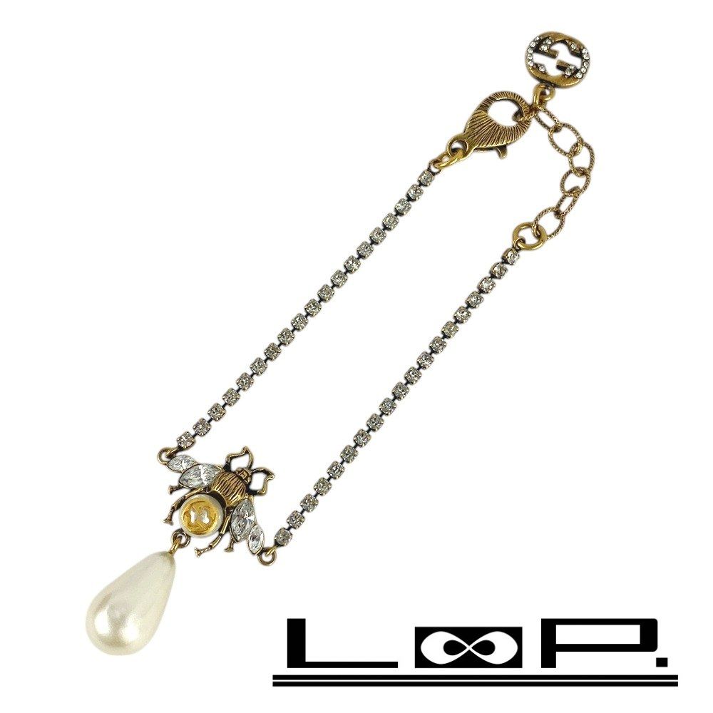 グッチ □新同□ ビー ブレスレット ハチ 蜂 パール ラインストーン GP