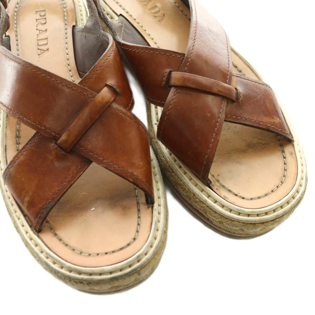 プラダ PRADA レザーエスパドリーユフラットフォームサンダル 茶