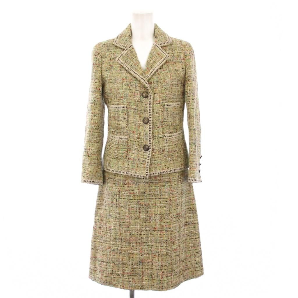 エトロ ETRO ツイードスーツ テーラードジャケット ひざ丈スカート 38 40 グリーン |KH