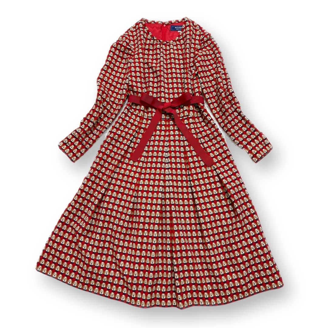 エムズグレイシー アニマル柄ワンピース 犬柄ワンピース 犬柄 アニマル リボン ウエストリボン 膝丈 裏地 背面ファスナー グログランリボン 総柄 赤 36 S 日本製