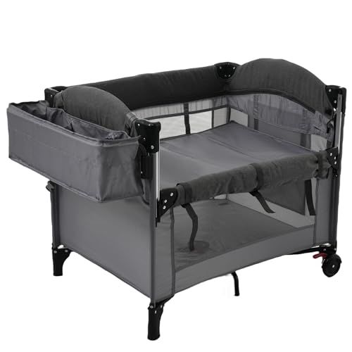 ベビーサークル 折畳み 高さ調節 移動式 ベビーラック ハイローベッド コンパクト 折りたたみ 添い寝ベッド お昼寝マット マットレス付 キャスター付 キャリーバッグ付 ダークグレー 85 BAA 組立品 乳幼児向け m