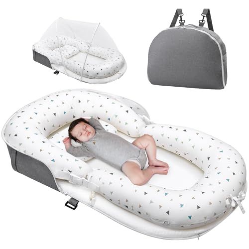 ベッドインベッド-ATOPEN ベビーベッド 折りたたみ ベッドインベッド 新生児 赤ちゃん 寝返り防止 添い寝 持ち運び 通気性-防水性 水洗い 携帯型 枕付き-蚊帳付き 三角形 ホワイト m