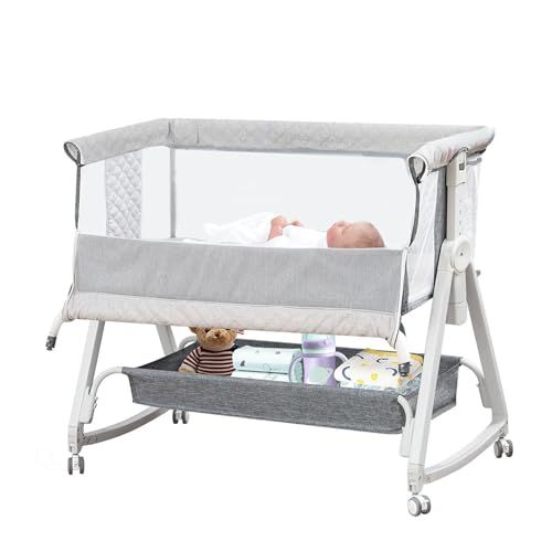 ベビーベッド 添い寝ベッド グレー 乳児用ベッド 多機能 高さ6段階調節 キャスター付き 組み立て簡単 ゆりかご機能付き ベビーラック 通気性 新生児ベッド 出産祝い 0ヶ月?24ヶ月対応 m