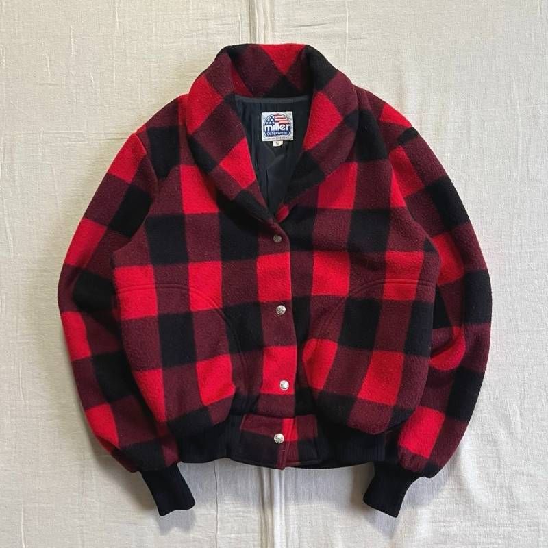 80 s ヴィンテージ古着 MADE IN USA アメリカ製 Miller ミラー Polar Fleece ポーラーフリース 短丈ジャケット ブルゾン 赤×黒 バッファローチェック柄 ショールカラー スナップボタン Y 2 K アメカジ 一点物