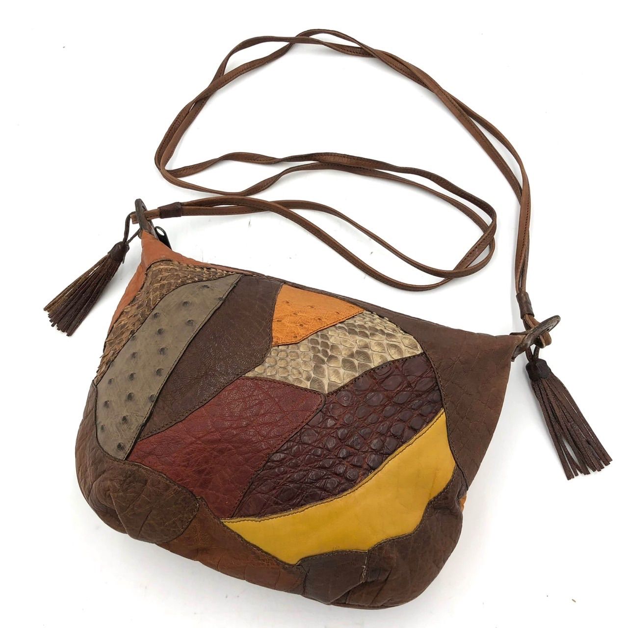 イビザ IBIZA ショルダーバッグ 巾着 パッチワーク レザー 茶 タッセル