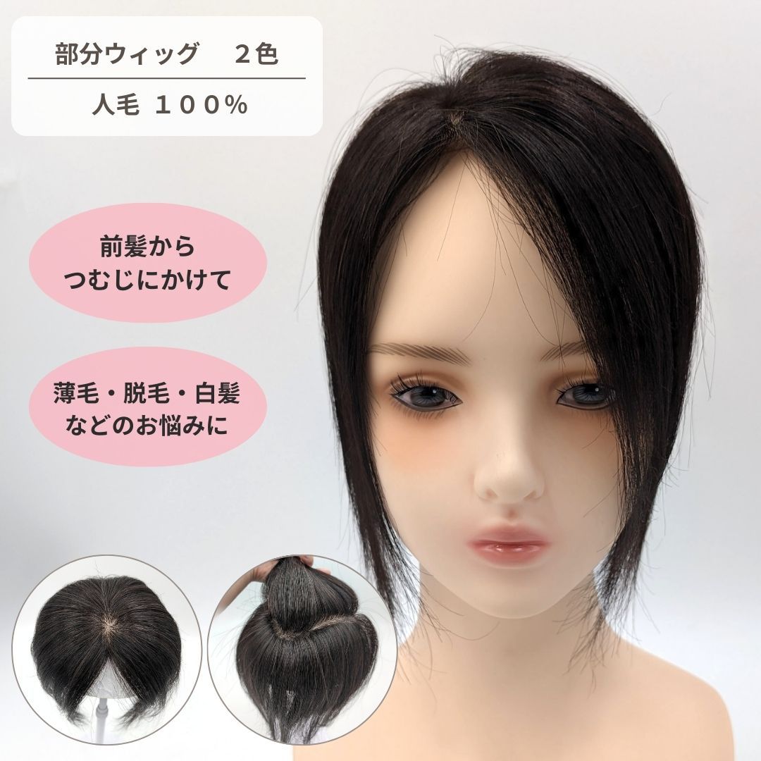 女性 薄毛 部分ウィッグ 自然 レディース 頭頂部 抜け毛 脱毛 白髪隠し 前髪 医療用 ブラック ブラウン ヘアピース 人毛100％ REM-14 ナチュラルブラック