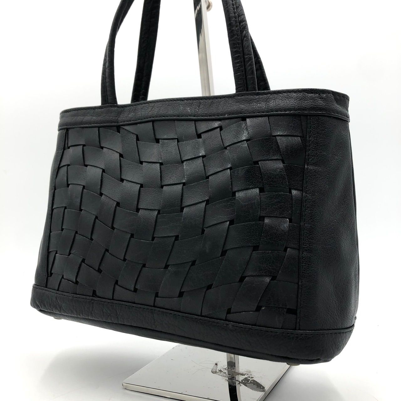 イビザ IBIZA ハンドバッグ 黒 レザー メッシュ 編み込み ブラック 本