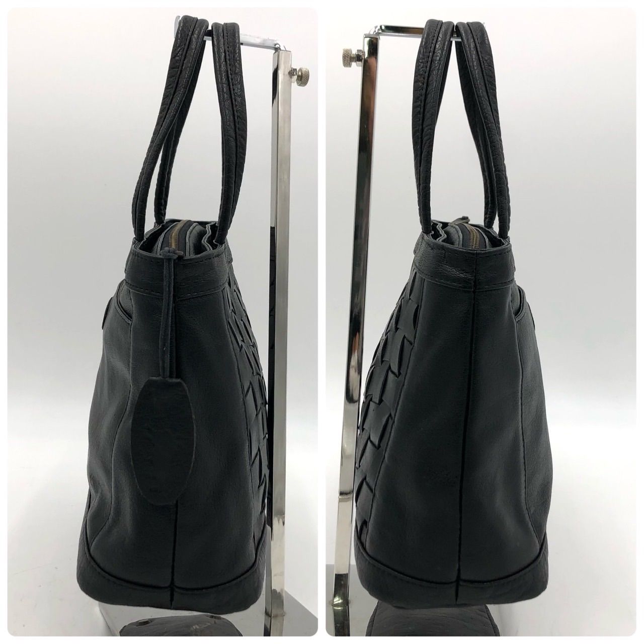 イビザ IBIZA ハンドバッグ 黒 レザー メッシュ 編み込み ブラック 本