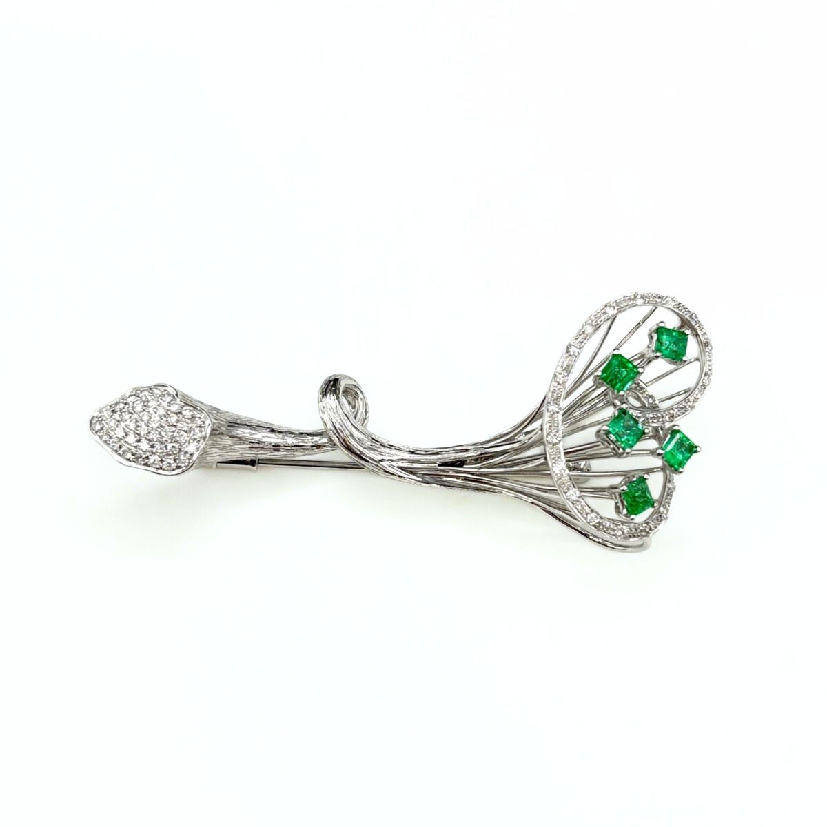 エメラルド デザインブローチ WG ホワイトゴールド メレダイヤ ブローチ K 18 レディース
