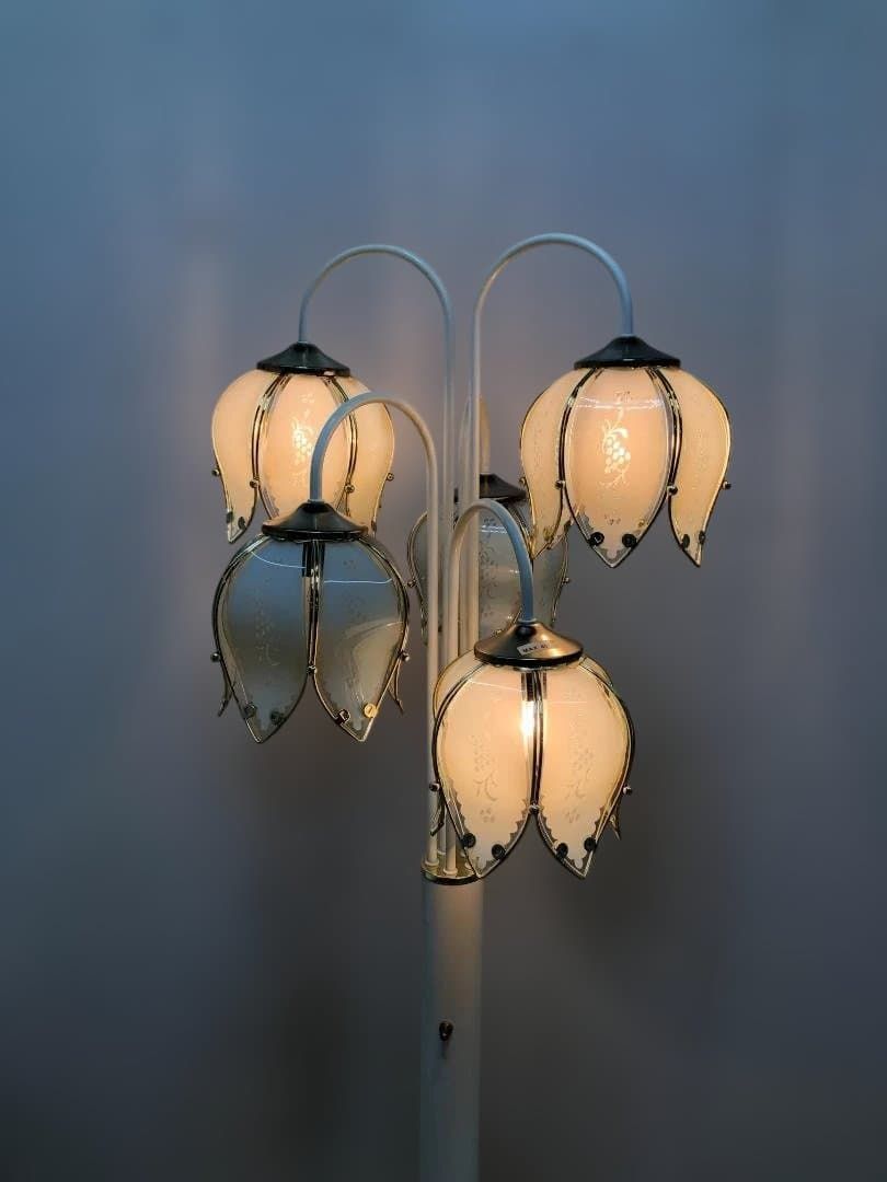 フロアスタンドライト 5灯 ガラスシェード 花柄 エッチング クラシック