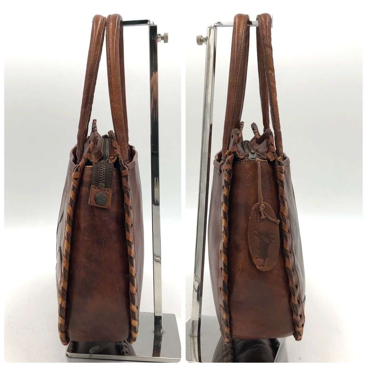 イビザハートパッチワーク手提げバッグベージュ&ブラウン イビザ IBIZA ハンドバッグ レザー パッチワーク ブラウン 茶色 トート