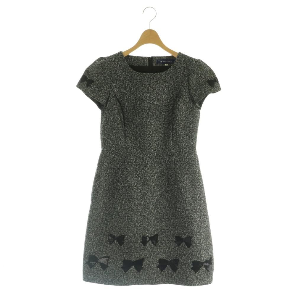 エムズグレイシー M S GRACY 半袖ワンピース スパンコールリボン 38 黒 白 グレー |MI OS