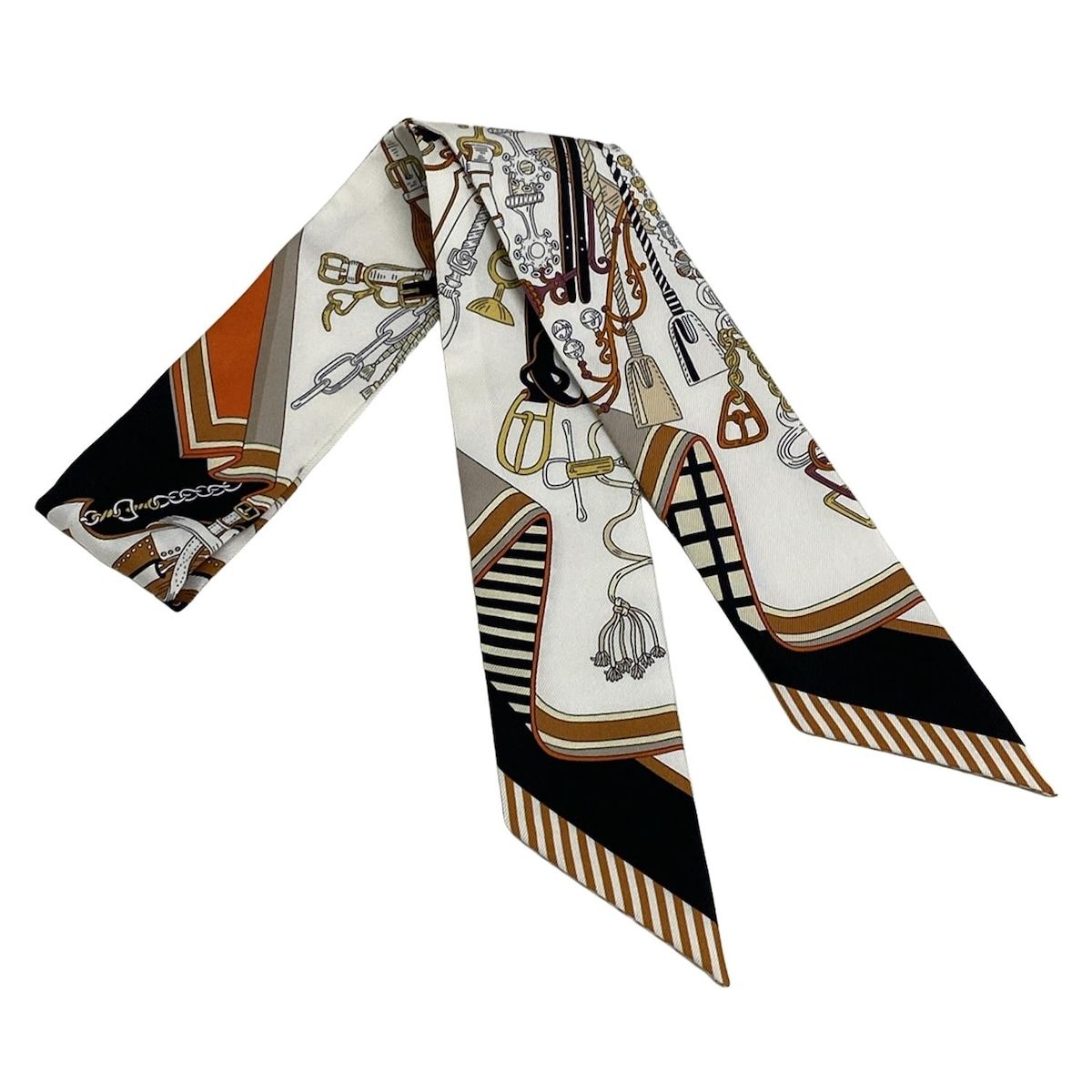 HERMES エルメス スカーフ ツイリー 白×オレンジ×マルチ Bouques Sellier|リボンスカーフ