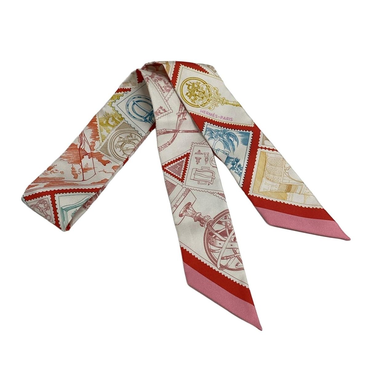 HERMES エルメス スカーフ ツイリー レッド×アイボリー×マルチ リボンスカーフ