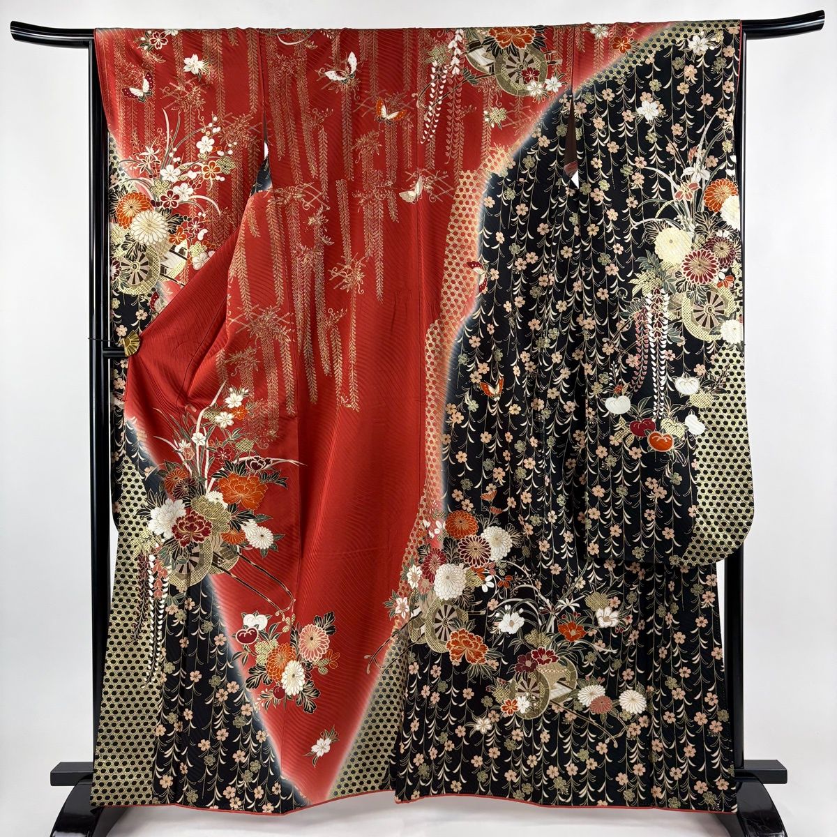 振袖 身丈163 cm 裄丈65 M 袷 花車 籠目 金糸 金彩 赤 正絹 秀品