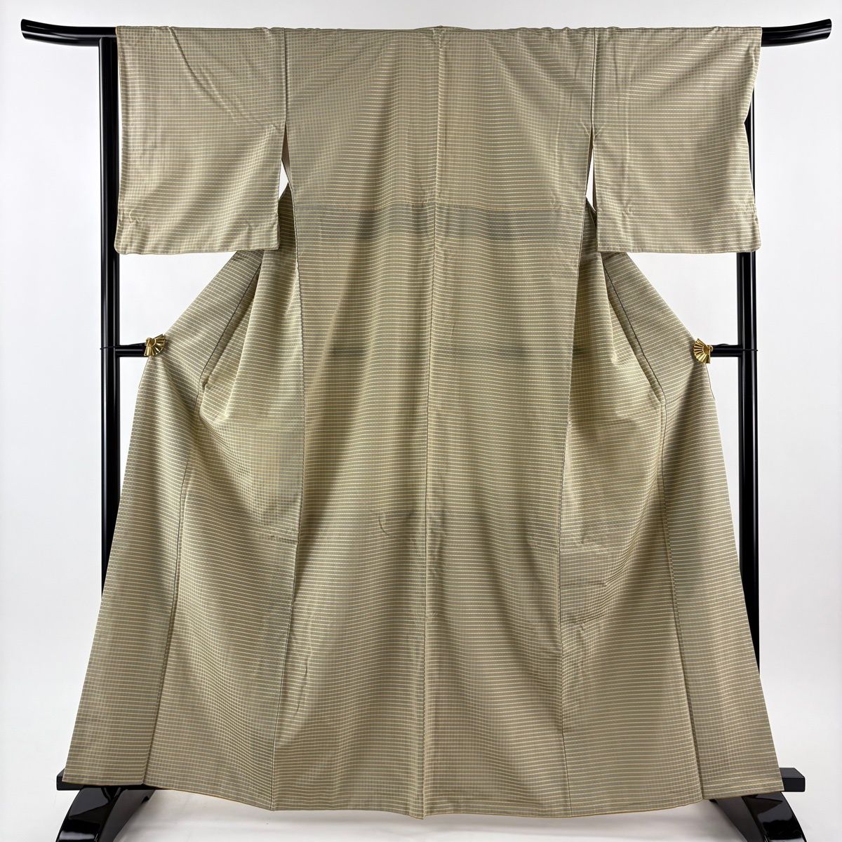 紬 身丈163.5 cm 裄丈67 M 袷 吉野間道 格子 ベージュ 正絹 秀品