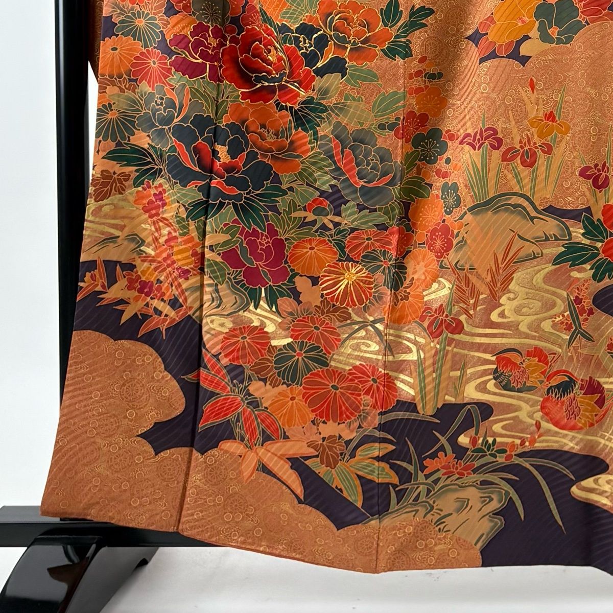 振袖 身丈162 cm 裄丈67 M 袷 牡丹 松竹梅 金糸 金彩 オレンジ 正絹 秀品