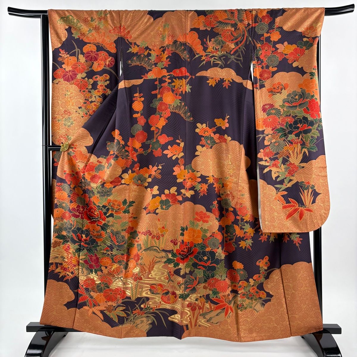 振袖 身丈162 cm 裄丈67 M 袷 牡丹 松竹梅 金糸 金彩 オレンジ 正絹 秀品