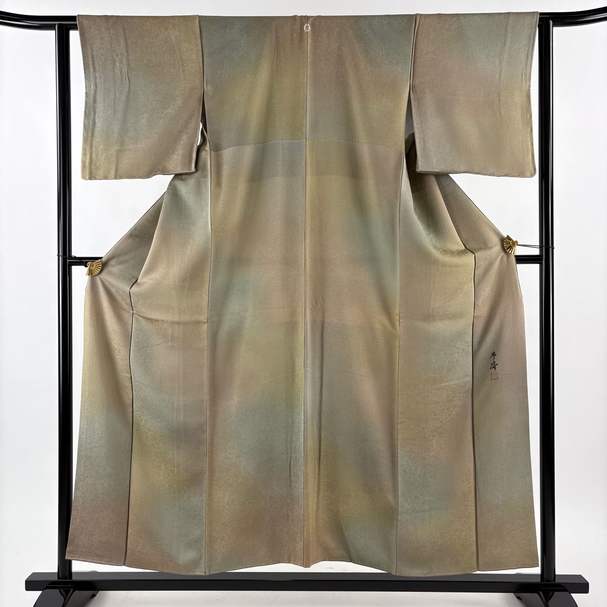 小紋 身丈154 cm 裄丈62 S 袷 落款 地紋 ぼかし柄 薄茶色 正絹 秀品 一つ紋