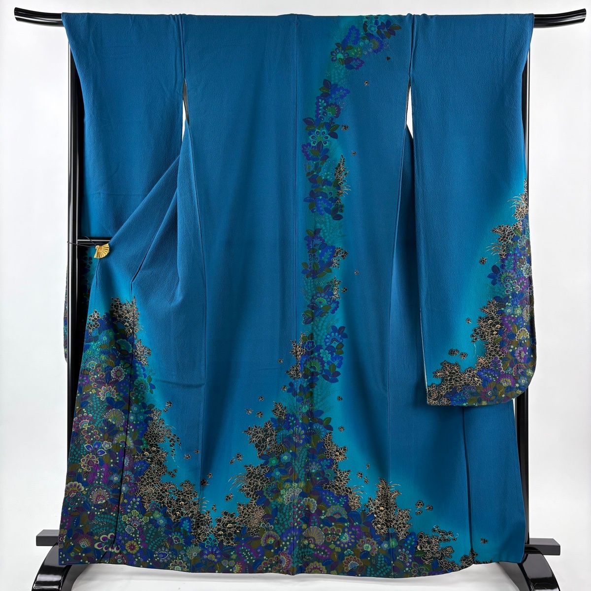 振袖 身丈165 cm 裄丈69.5 L 袷 草花 金彩 ぼかし 青緑 正絹 秀品