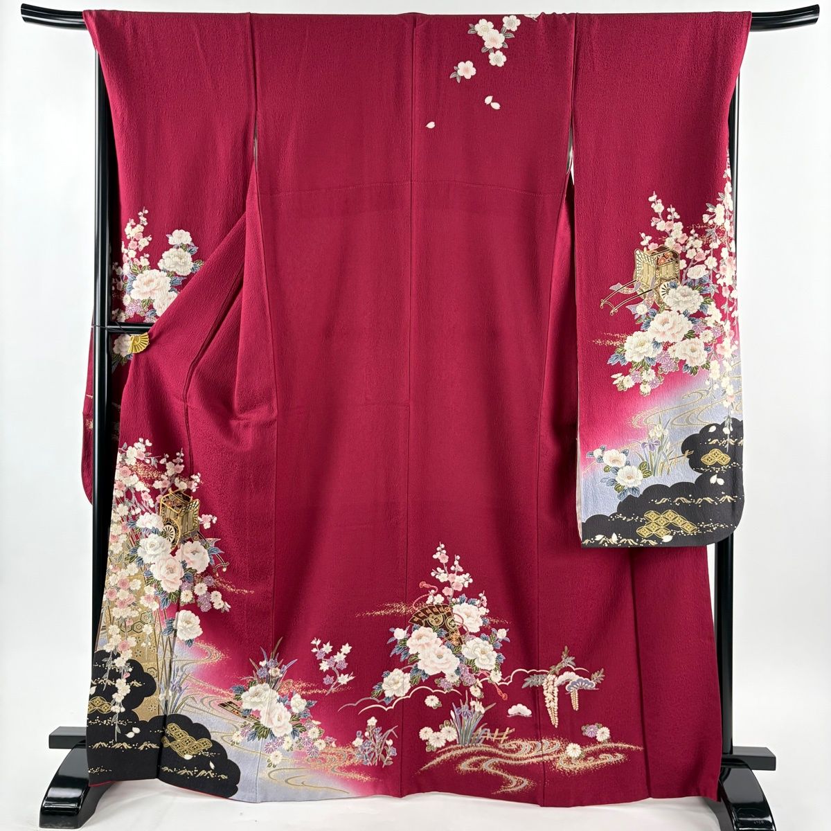 振袖 身丈167 cm 裄丈69.5 L 袷 御所車 草花 金糸 金彩 赤紫 正絹 秀品